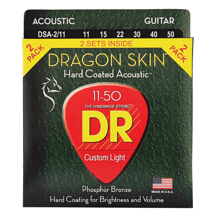 DR, DRAGON SKIN* - CLEAR Coated Acoustic Guitar Strings: Custom Light 11-50 (2-Pack)