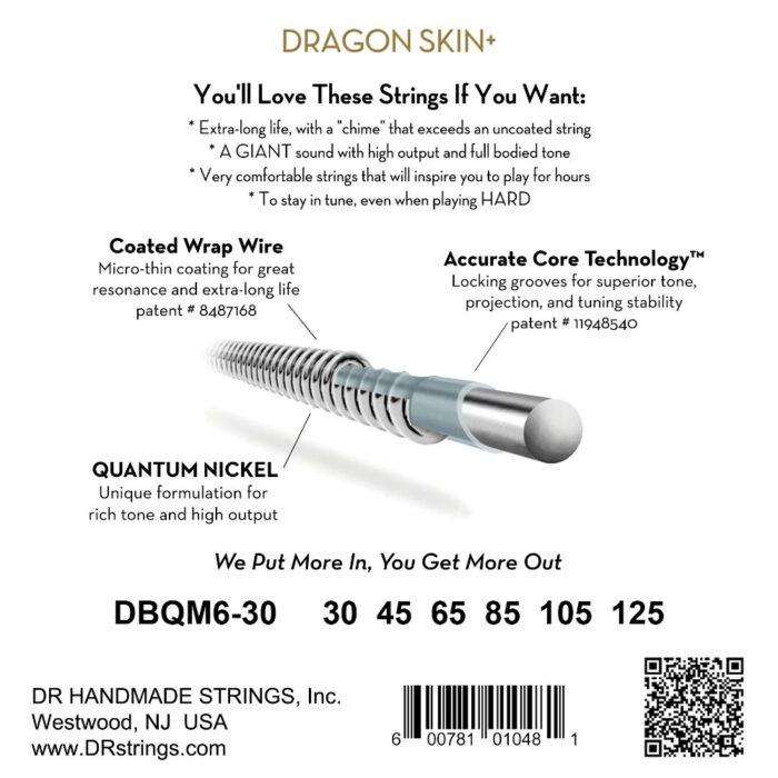 DR, DRAGON SKIN+ Quantum Nickel Bass Strings: 6-String Medium 30-125, Multi-Scale - Image 2