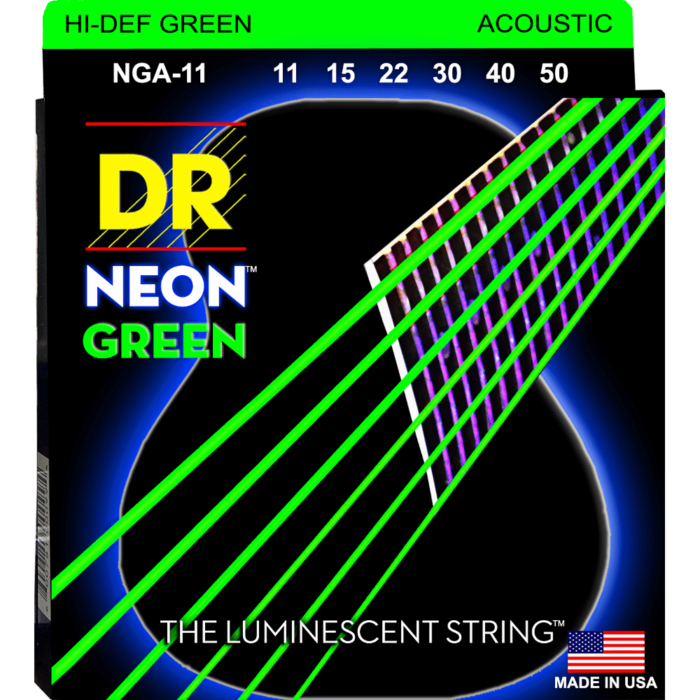 DR, HI-DEF NEON* - GREEN Colored Acoustic Guitar Strings: Custom Light 11-50