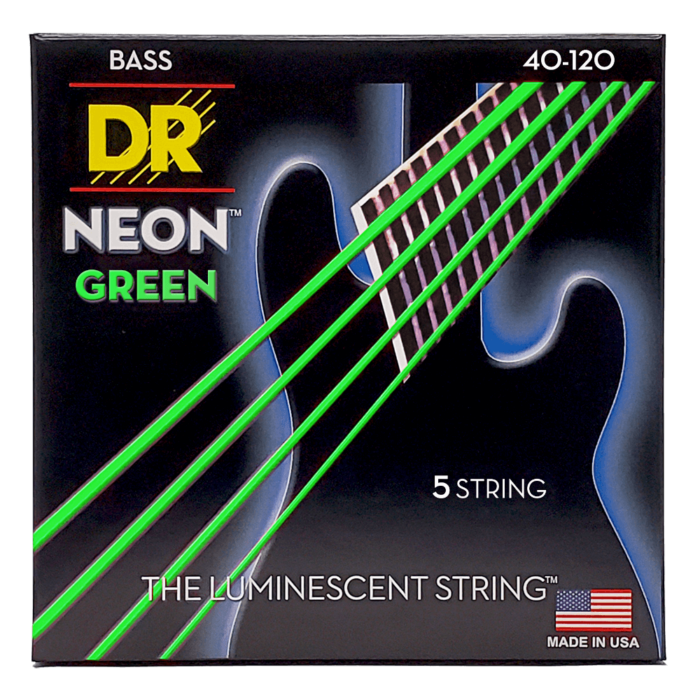 DR, HI-DEF NEON* - GREEN Colored Bass Strings: 5-String Light 40-120
