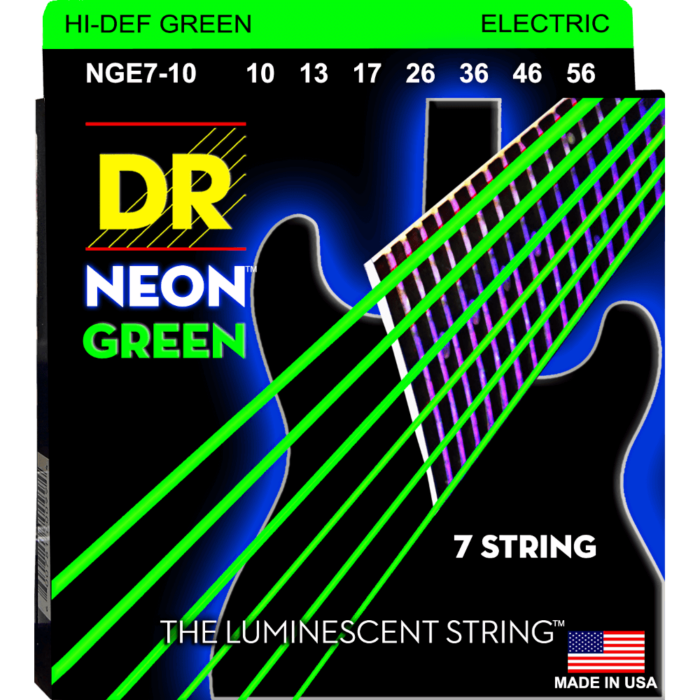 DR, HI-DEF NEON* - GREEN Colored Electric Guitar Strings: 7-String Medium 10-56