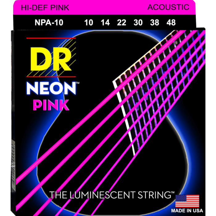 DR, HI-DEF NEON* - PINK Colored Acoustic Guitar Strings: Extra Light 10-48