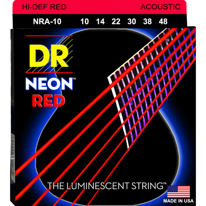 DR, HI-DEF NEON* - RED Colored Acoustic Guitar Strings: Extra Light 10-48