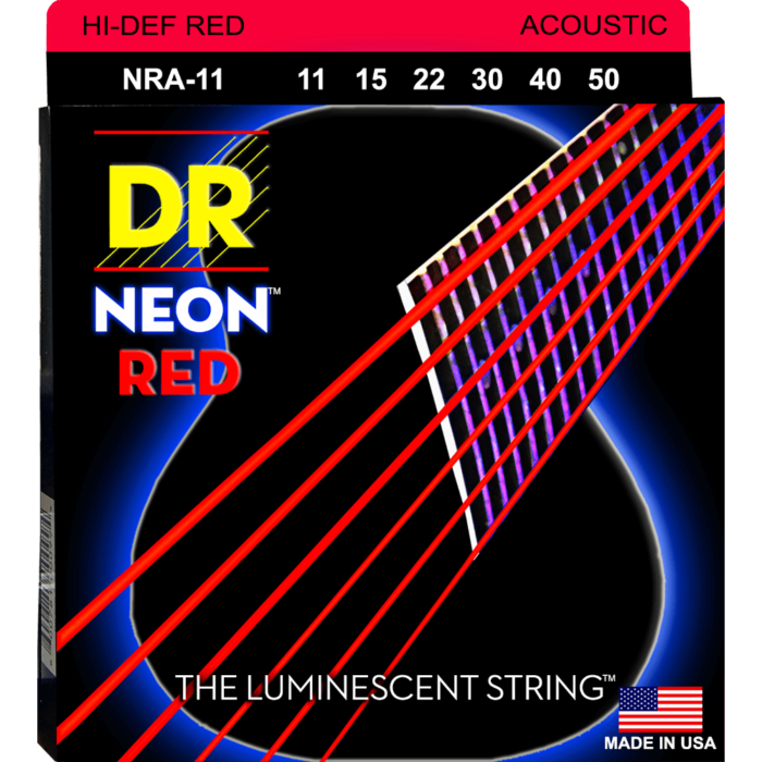 DR, HI-DEF NEON* - RED Colored Acoustic Guitar Strings: Custom Light 11-50