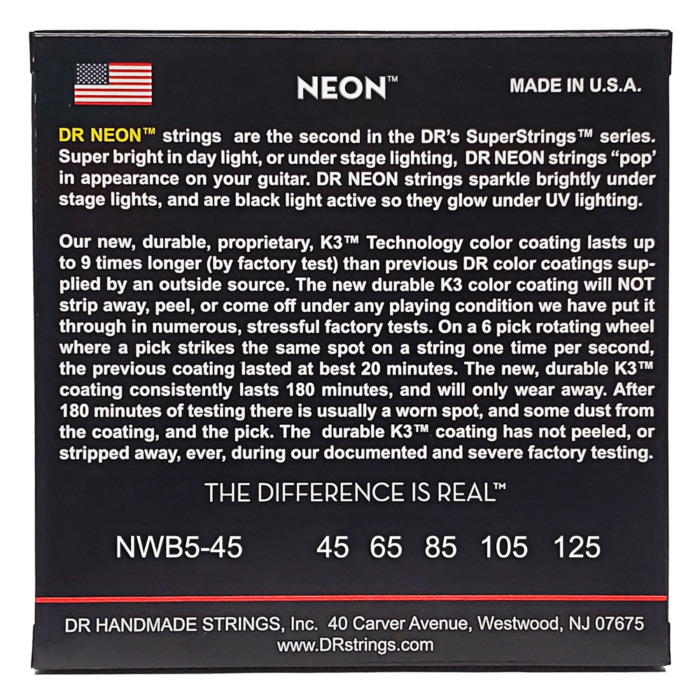 DR, HI-DEF NEON* - WHITE Colored Bass Strings: 5-String Medium 45-125 - Image 2