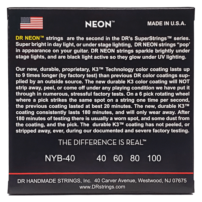DR, HI-DEF NEON* - YELLOW Colored Bass Strings: Light 40-100 - Image 2