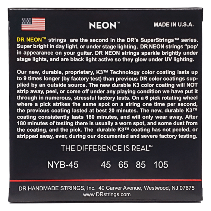 DR, HI-DEF NEON* - YELLOW Colored Bass Strings: Medium 45-105 - Image 2