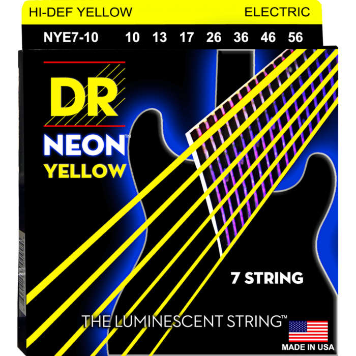 DR, HI-DEF NEON* - YELLOW Colored Electric Guitar Strings: 7-String Medium 10-56