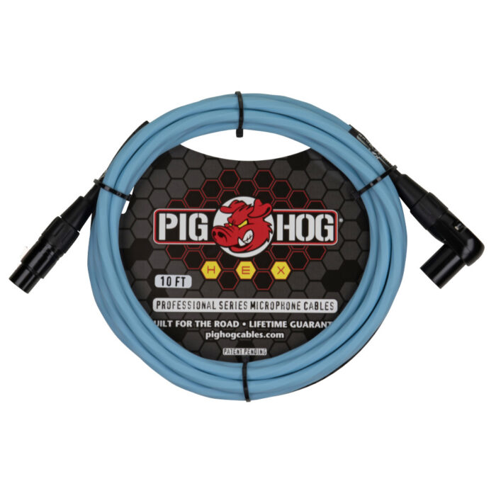 Pig Hog Hex Series Mic Cable, 3m/10ft Right Angle - Daphne Blue