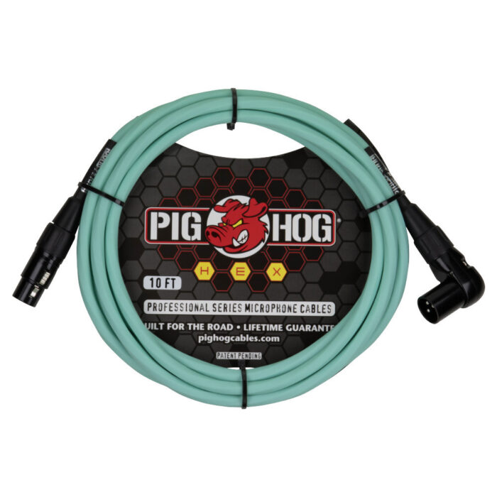 Pig Hog Hex Series Mic Cable, 3m/10ft Right Angle - Seafoam Green