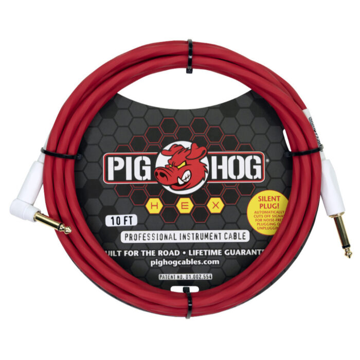 Pig Hog Hex Series Silent Cable 3m/10ft Candy Apple Red, Right Angle