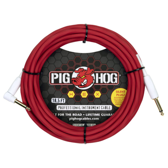 Pig Hog Hex Series Silent Cable 5,67m/18.6ft Candy Apple Red, Right Angle