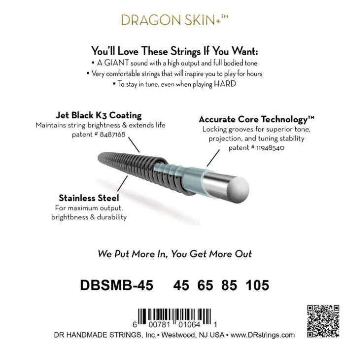 DR, BLACK DRAGON Coated Stainless Steel Bass Strings: 4-String Medium 45-105, Multi-Scale - Image 3