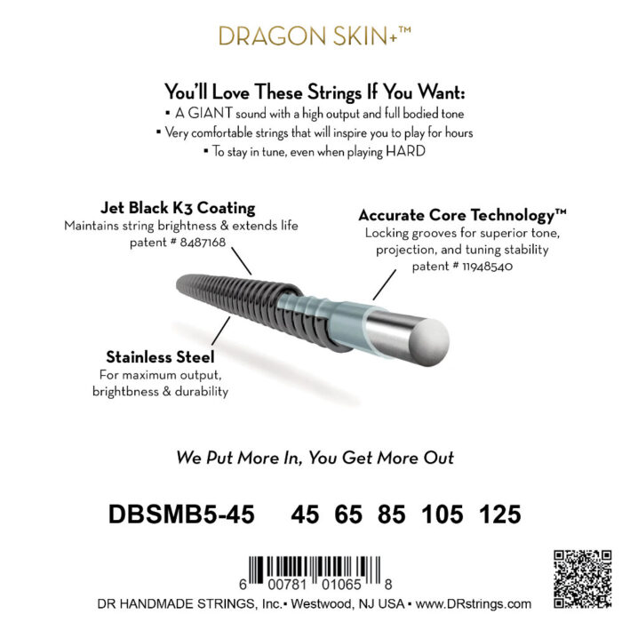 DR, BLACK DRAGON Coated Stainless Steel Bass Strings: 5-String Medium 45-125, Multi-Scale - Image 3