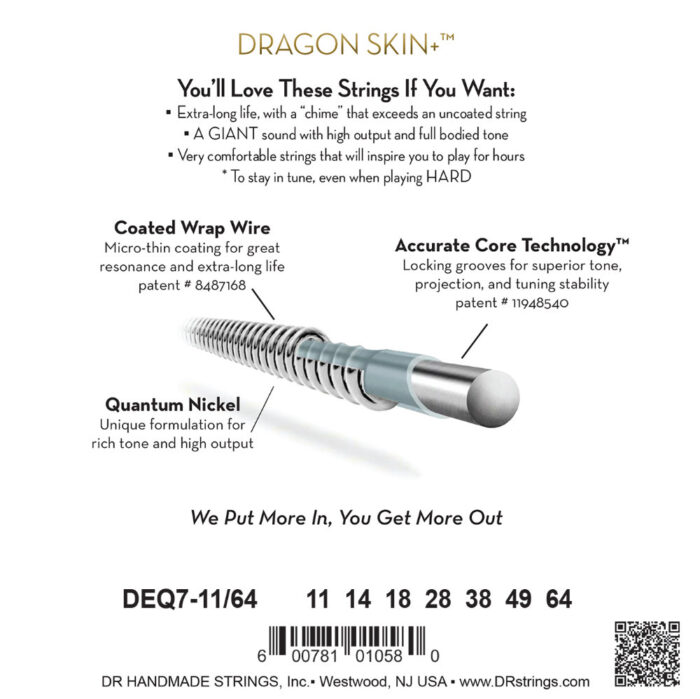 DR, DRAGON SKIN+ Quantum Nickel Electric Guitar Strings: 7 string Heavy 11-64 – Bild 3