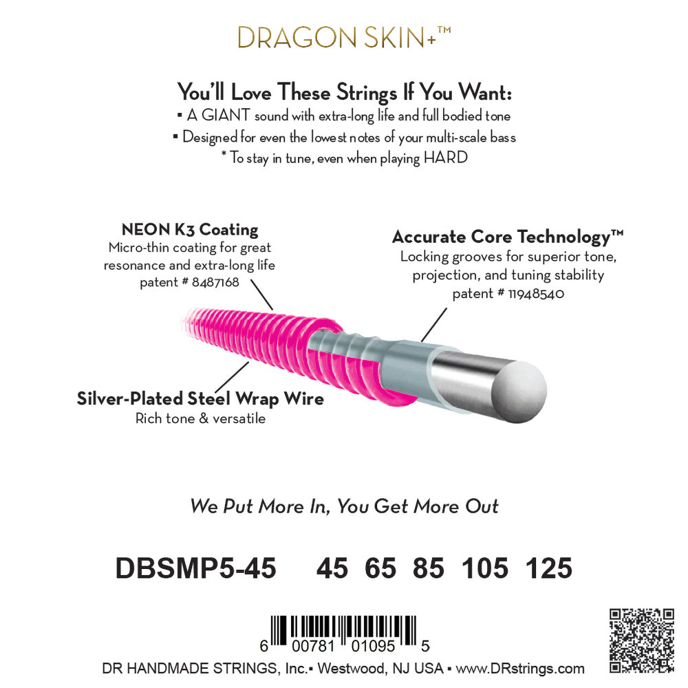 DR, PINK DRAGON - Stainless Steel Bass Strings, Pink coated: 5-String Medium 45-125, Tapered Multi-Scale – Bild 3